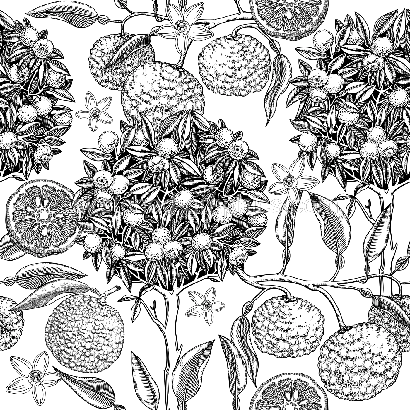 Hand-drawn yuzu tree background design. Vintage citrus branches, flowers, leaves whole fruit, cut half-piece sketches. Seamless healthy food pattern. Exotic plant illustration for print Illustration